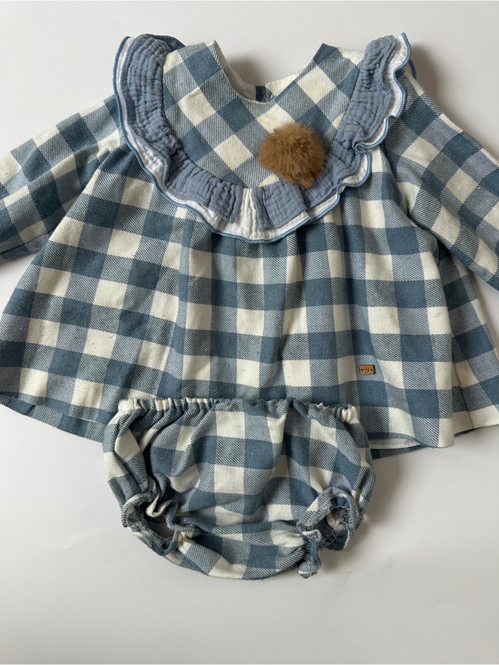 Blue and White Gingham Ruffle Collar Dress with Bloomers